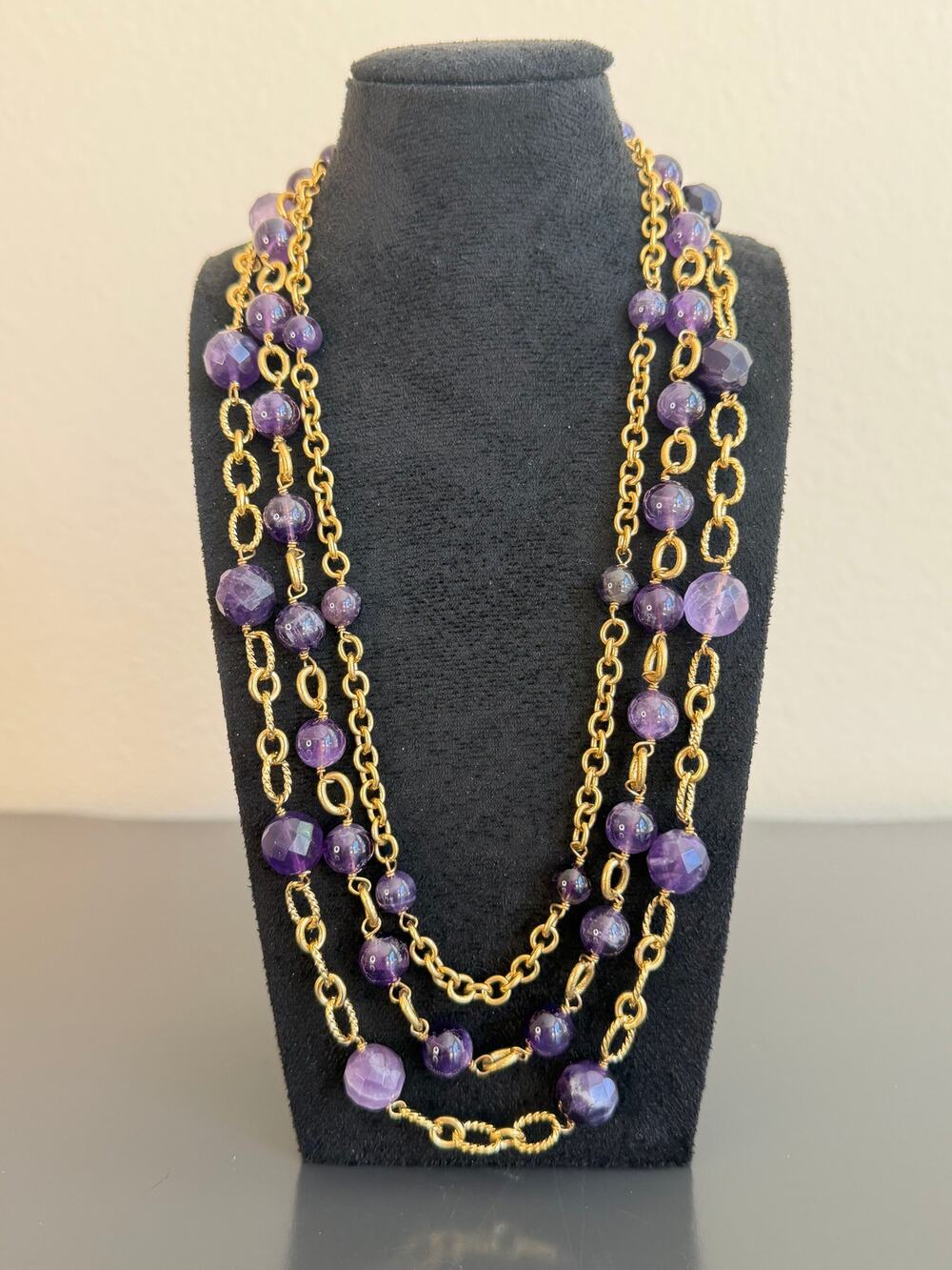 Vintage Gold Tone Multi Strand Purple Bead Statement Necklace Layered Faceted